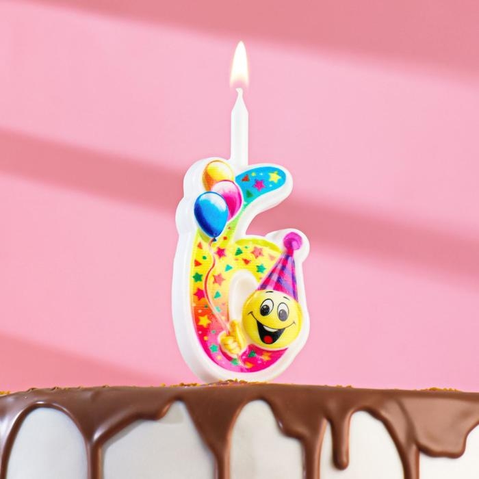 Свеча для торта Свеча для торта "Смайлик с шарами", 9,9 см, цифра "6"