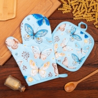 Кухонный набор 2 прихватки Этель &laquo;Бабочки&raquo; , прихватка 17х17 см, варежка 24х16 см, 100% п/э