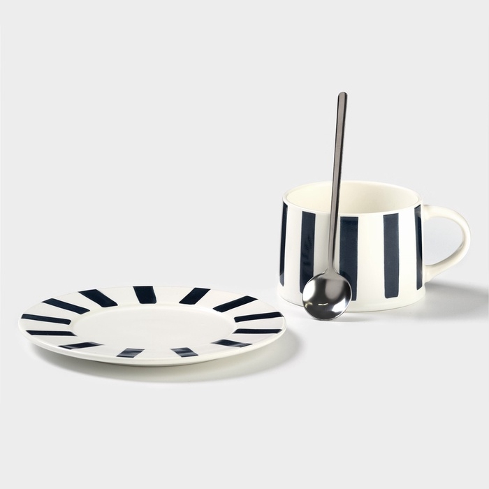 Чайная пара &laquo;Линии&raquo;, 220 мл, с ложкой, блюдце d=15 см, кружка 9,5&times;7,5&times;7 см, керамика