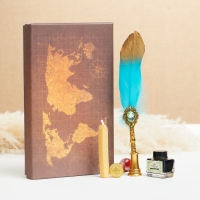 Набор подарочный 5в1 "Силенция": перьевая ручка зеленая с золотом, чернила, печать, воск