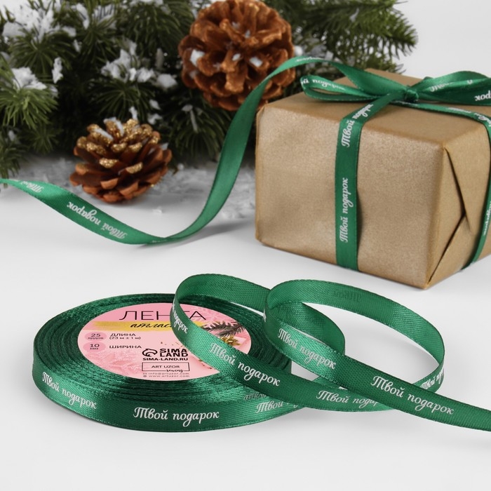 Новый год! Лента атласная &laquo;Твой подарок&raquo;, 10 мм, 23 &plusmn; 1 м, цвет зелёный №56