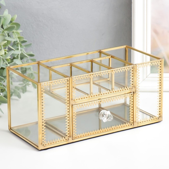Шкатулка стекло для косметики и украшений с ящичком Шкатулка стекло для косметики и украшений с ящичком "Золотой узор" 10,3х10,3х23,3 см