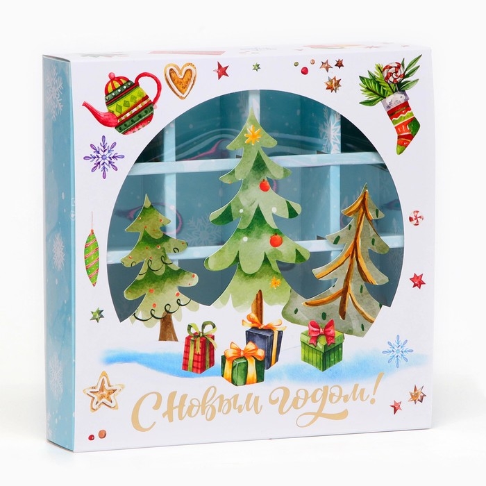 Коробка с обечайкой, с окном, под 16 конфет, "Елочки", 17,7 х 17,7 х 3,8 см