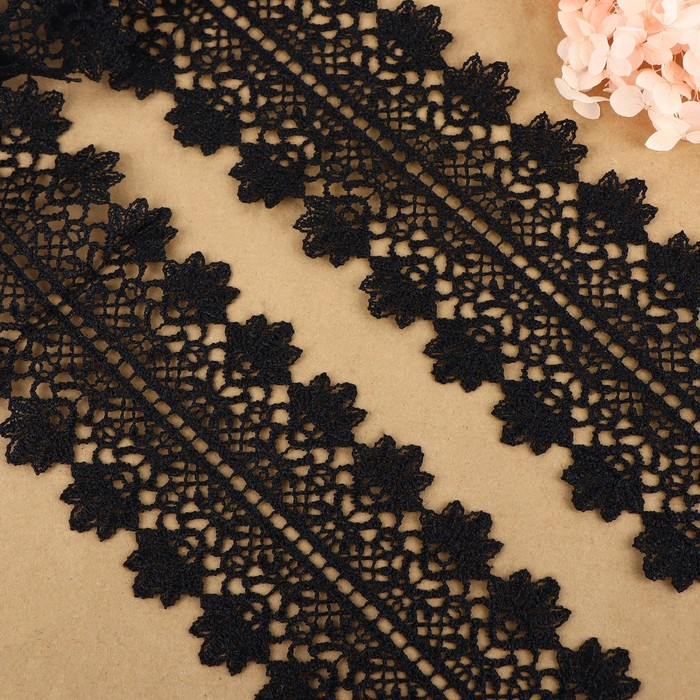 Кружево гипюровое, 80 мм &times; 6,8 &plusmn; 0,5 м, цвет чёрный