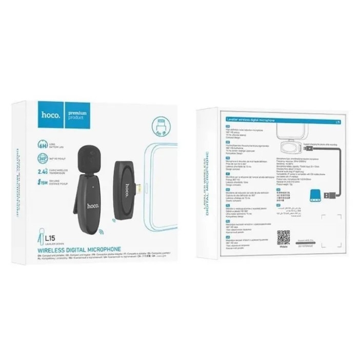 Портативный микрофон Hoco L15, беспроводной, 70 мАч, Lightning, чёрный Портативный микрофон Hoco L15, беспроводной, 70 мАч, Lightning, чёрный