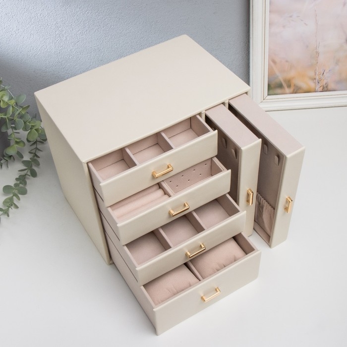 Шкатулка кожзам для украшений Шкатулка кожзам для украшений "Комод с золотистыми ручками" белая 16,3х18х22,5 см