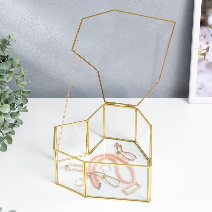 Шкатулка стекло с металлическим каркасом Шкатулка стекло с металлическим каркасом "Сердце с гранями" золото 9,5х21х21 см