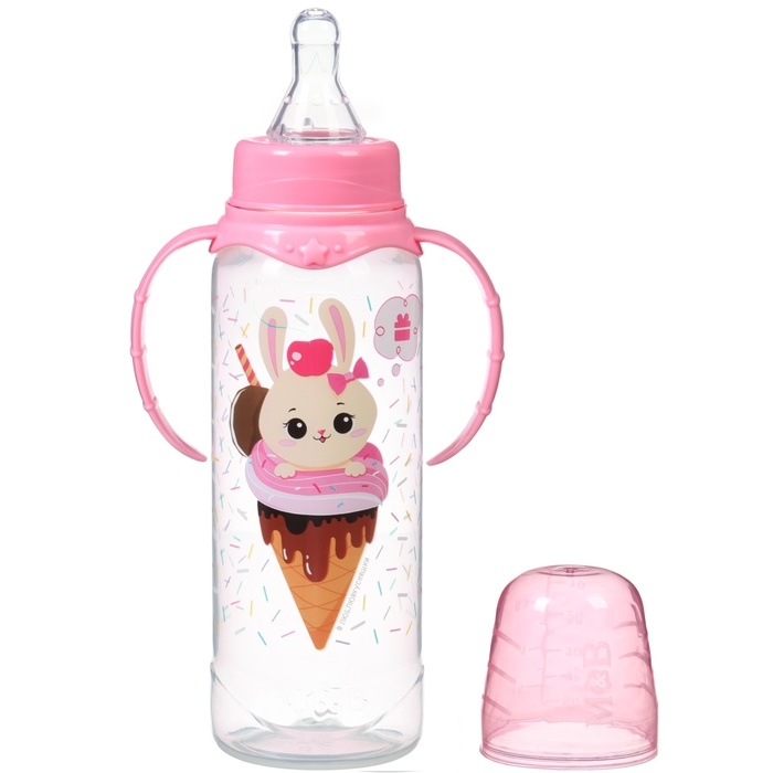 Бутылочка для кормления &laquo;Зайка, пончик&raquo;, классическое горло, 250мл., от 3 мес., цилиндр, с ручками