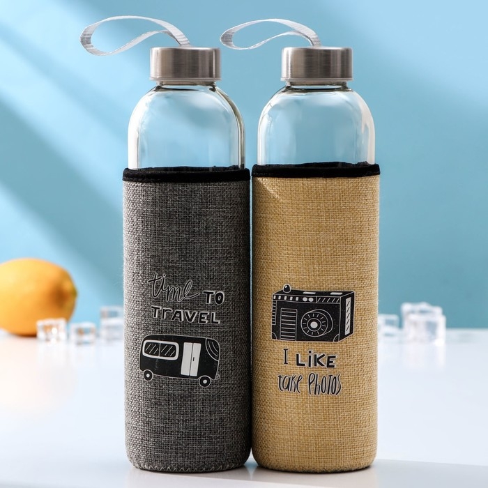 Бутылка для воды стеклянная в чехле &laquo;Вояж&raquo;, 750 мл, h=25 см, цвет МИКС