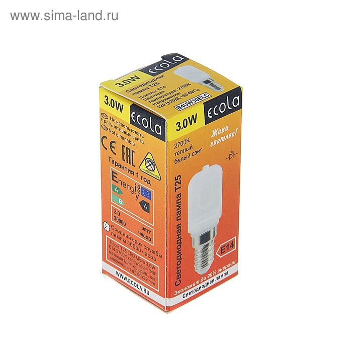 Лампа светодиодная Ecola, T25, 3 Вт, 2700 К, 340&deg;, для холодильников и швейных машин
