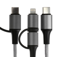 Кабель 2 в 1, Type-C - Type-C/Lightning, 60 W, 3 А, оплётка ткань, 1 метр, серебристый Кабель 2 в 1, Type-C - Type-C/Lightning, 60 W, 3 А, оплётка ткань, 1 метр, серебристый