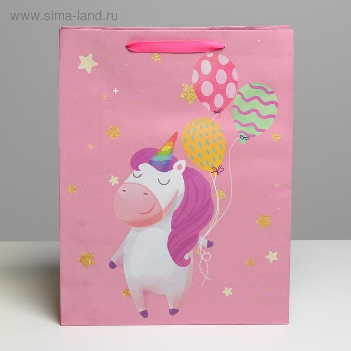 Пакет подарочный крафтовый вертикальный, упаковка, &laquo;Единорожек&raquo;, L 31 х 40 х 11,5 см