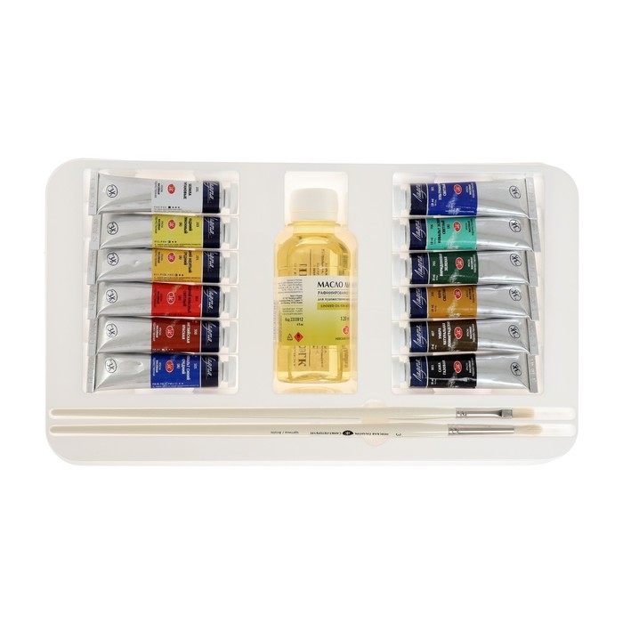 Краска масляная художественная, набор 12 цветов х 18 мл, ЗХК Краска масляная художественная, набор 12 цветов х 18 мл, ЗХК "Ладога" подарочный, кисти 2 штуки, масло льняное 120 мл, 1241967