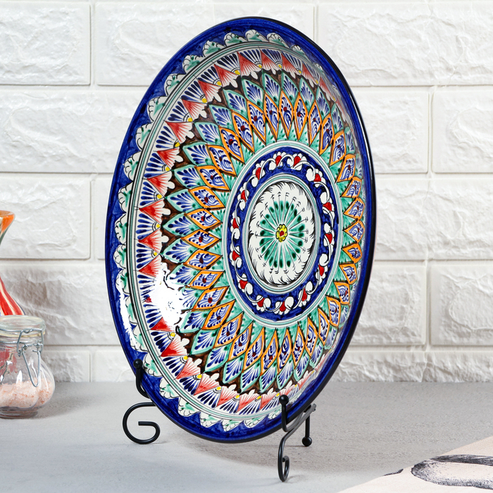 Ляган Риштанская Керамика "Узоры", 33 см, глубокий, синий