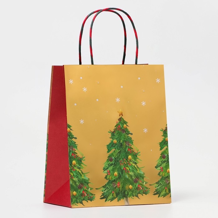 Новый год. Пакет бумажный подарочный новогодний крафт "Ёлки", с тиснением, 26 х 32 х 12 см.