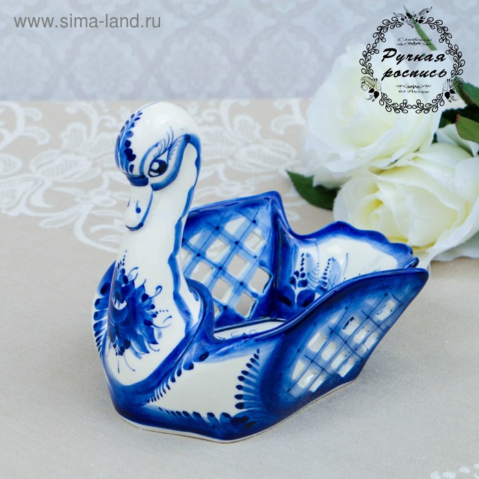 Конфетница Конфетница "Лебедь", гжель, фарфор, резная, 14х15 см