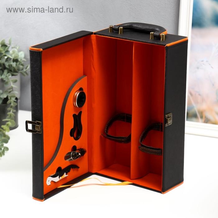Шкатулка дерево, кожзам для 2 бутылок "Чёрная с оранжевой вставкой" 4 предмета 34,5х20х12 см   51968