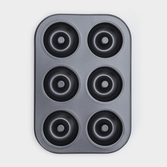 Форма для выпечки Доляна «Пончики», 26,5×17 см, 6 ячеек, антипригарное покрытие, цвет чёрный Форма для выпечки Доляна «Пончики», 26,5×17 см, 6 ячеек, антипригарное покрытие, цвет чёрный