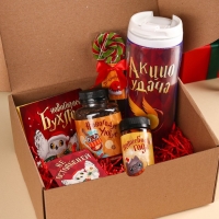 Гифтбокс &laquo;Новогодус Поздравлятус&raquo;: термостакан, чай чёрный с фруктами, леденец со вкусом арбуза, драже, молочный шоколад 4 шт.