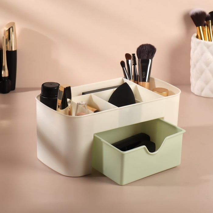 Органайзер для хранения, 6 секций, с ящиком, 21 &times; 10,5 &times; 9 см, цвет бежевый/зелёный