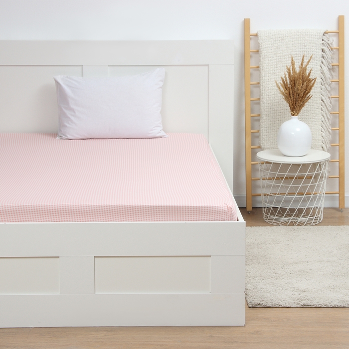 Простыня на резинке Клетка 140х200х20см, розовый, трикотаж 110г/м хл100%