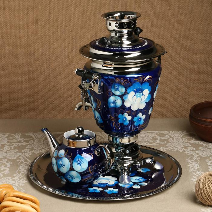 Набор &laquo;Жостово на синем&raquo;, рюмка, 3 предмета, самовар 3 л, заварочный чайник 0,7 л, поднос