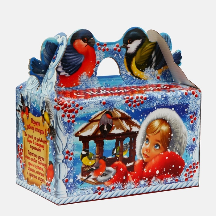 Новый год. Подарочная коробка новогодняя Кормушка Новый год. Подарочная коробка новогодняя Кормушка "Покормите птиц зимой" в синем окошко с двух сторон, 20 x 12 x 19 см.