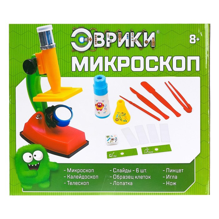 Набор биолога, 14 предметов: калейдоскоп, микроскоп, 4 слайда, 2 образца клеток, пинцет, нож, лопатка, игла, образцы