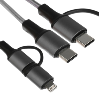Кабель 2 в 1, Type-C - Type-C/Lightning, 60 W, 3 А, оплётка ткань, 1 метр, серебристый Кабель 2 в 1, Type-C - Type-C/Lightning, 60 W, 3 А, оплётка ткань, 1 метр, серебристый