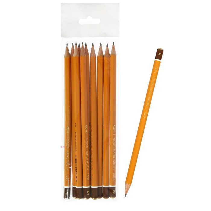 Набор карандашей чернографитных 10 штук, Koh-i-Noor 1500, H-H10, в пакете с европодвесом Набор карандашей чернографитных 10 штук, Koh-i-Noor 1500, H-H10, в пакете с европодвесом