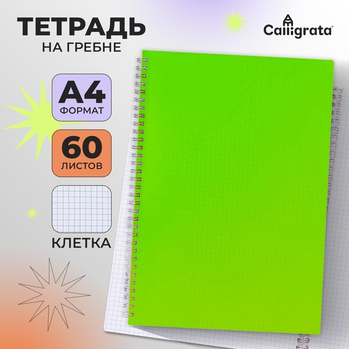 Тетрадь на гребне A4 60 листов в клетку Calligrata Зелёная, пластиковая обложка, блок офсет Тетрадь на гребне A4 60 листов в клетку Calligrata Зелёная, пластиковая обложка, блок офсет