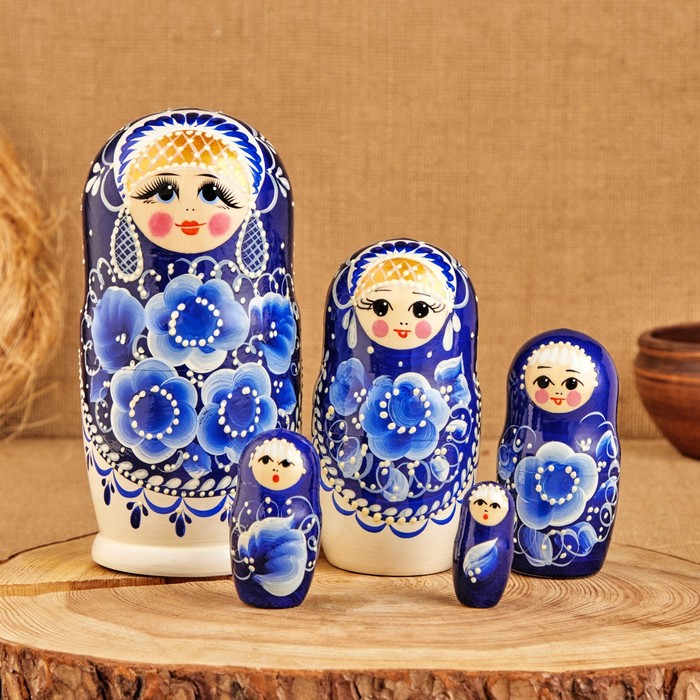 Матрёшка &laquo;Гжель&raquo;, высокая, 5 кукольная, люкс