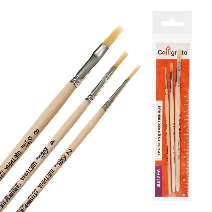 Набор кистей Щетина 3 штуки, Calligrata (круглая №2; плоские №: 4, 8), деревянная ручка
