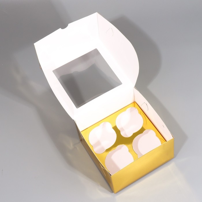 Коробка для капкейков, кондитерская упаковка с окном, 4 ячейки &laquo;Золотистая&raquo;, 16 х 16 х 10 см