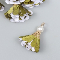 Декор текстиль "Цветок 2 цвета с жемчужиной. Оливковый и белый" набор 6 шт 3 см Декор текстиль "Цветок 2 цвета с жемчужиной. Оливковый и белый" набор 6 шт 3 см