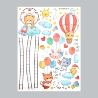 Наклейка пластик интерьерная цветная ростомер "Зверята в облаках" 45x60 см