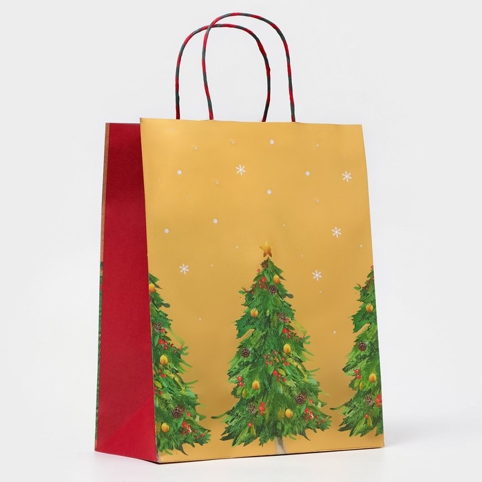 Новый год. Пакет бумажный подарочный новогодний крафт "Ёлки", с тиснением, 26 х 32 х 12 см.