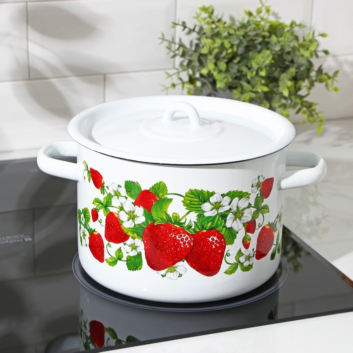 Кастрюля эмалированная цилиндрическая &laquo;Клубничная поляна&raquo;, 4,5 л