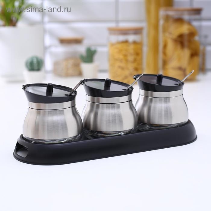 Набор стеклянных банок для сыпучих продуктов «Сияние», 31×12×12 см, на подставке, 3 шт, цвет чёрный Набор стеклянных банок для сыпучих продуктов «Сияние», 31×12×12 см, на подставке, 3 шт, цвет чёрный