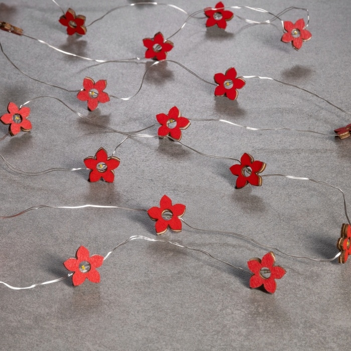 Гирлянда «Нить» 2 м роса с насадками «Цветок», IP20, серебристая нить, 20 LED, батарейки ААх2 (нет в комплекте), свечение тёплое белое Гирлянда «Нить» 2 м роса с насадками «Цветок», IP20, серебристая нить, 20 LED, батарейки ААх2 (нет в комплекте), свечение тёплое белое