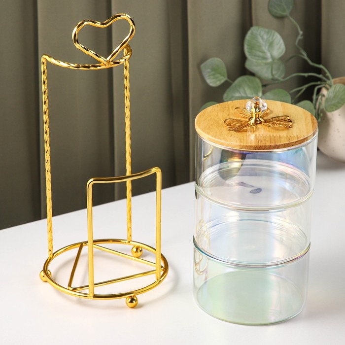 Менажница стеклянная трёхъярусная «Сердце», 500 мл, 12,2×27,5 см, цвет перламутровый Менажница стеклянная трёхъярусная «Сердце», 500 мл, 12,2×27,5 см, цвет перламутровый