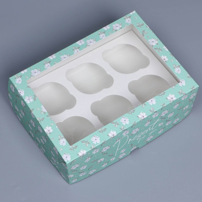 Коробка для капкейков, кондитерская упаковка с окном, 6 ячеек &laquo;Зелёный паттерн&raquo;, 25 х 17 х 10 см