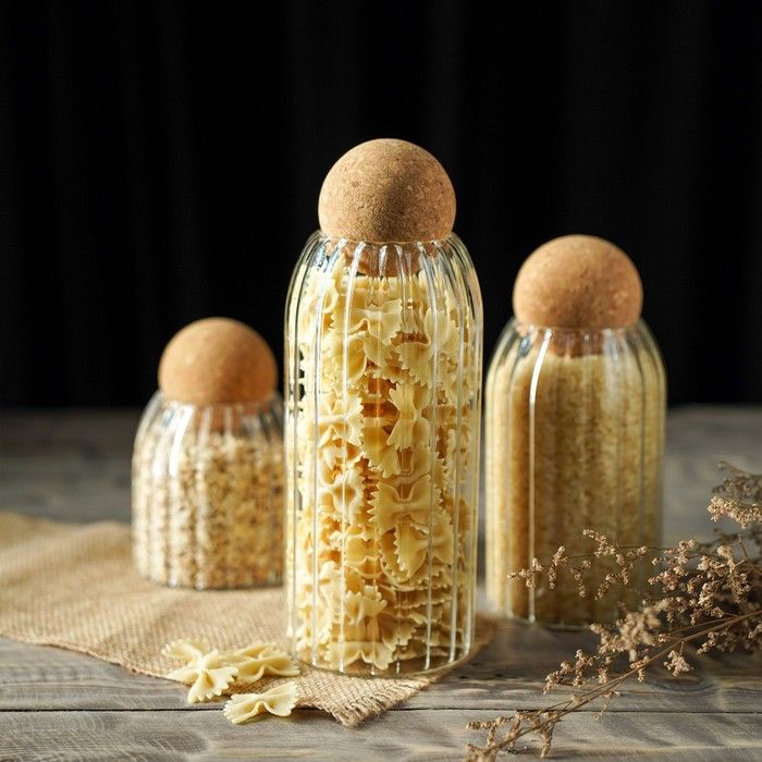 Банки стеклянные для хранения сыпучих продуктов &laquo;Эко&raquo;, 3 предмета: 400/700/1000 мл, с пробковой крышкой