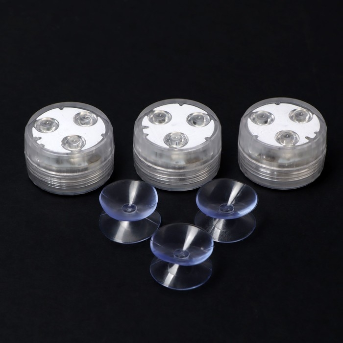 Светильник водонепроницаемый мини, 3 x 1.9 см, 3 шт, от CR2032 (в компл.), пульт, RGB, IP68 Светильник водонепроницаемый мини, 3 x 1.9 см, 3 шт, от CR2032 (в компл.), пульт, RGB, IP68