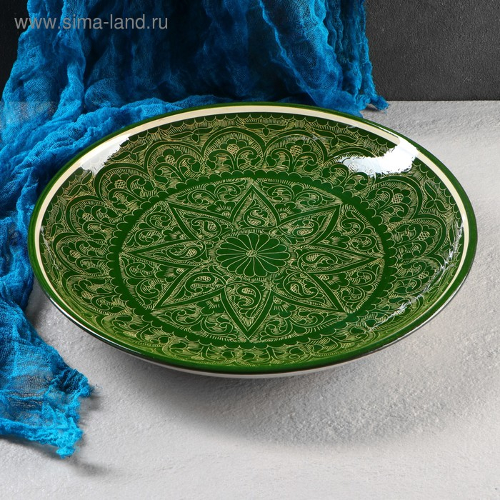 Ляган круглый, 31 см, риштанская роспись, зелёный Ляган круглый, 31 см, риштанская роспись, зелёный