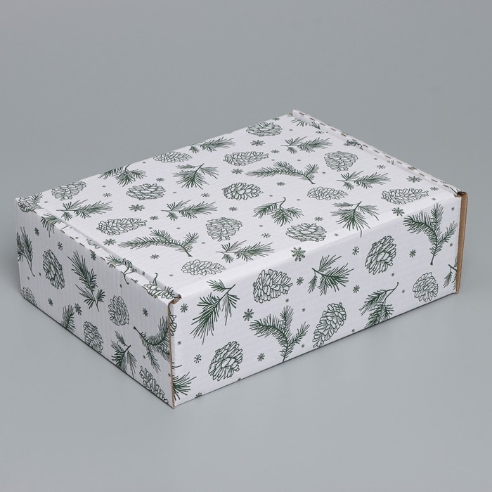 Коробка новогодняя складная &laquo;Шишки&raquo;, белый, 27 х 21 х 9 см, Новый год