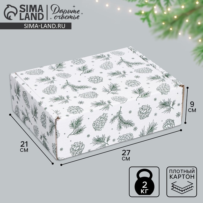 Коробка новогодняя складная &laquo;Шишки&raquo;, белый, 27 х 21 х 9 см, Новый год