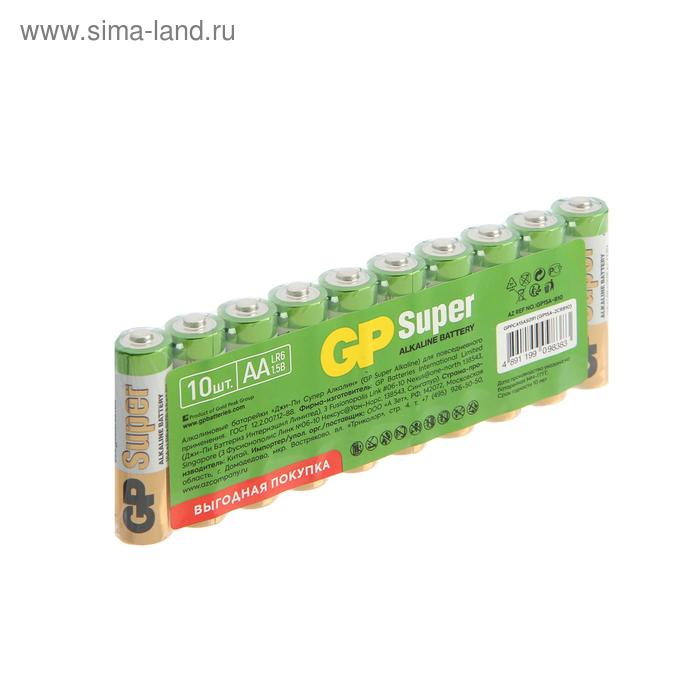 Батарейка алкалиновая GP Super, AA, LR6-10S, 1.5В, спайка, 10 шт. Батарейка алкалиновая GP Super, AA, LR6-10S, 1.5В, спайка, 10 шт.