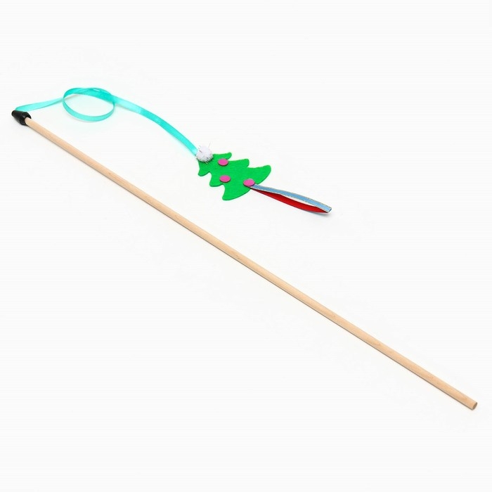 Новый год. Дразнилка-удочка на деревянной палочке для кошек, зелёный