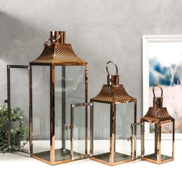 Подсвечник металл, стекло фонарь Подсвечник металл, стекло фонарь "Точки" медь н-р 3 шт 55х18х18 37,5х14,5х14,5 26х10х10 см